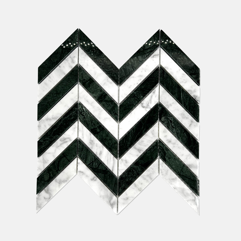 Chevron Marble Mosaic Indian Green Carrara White LG02 Polished