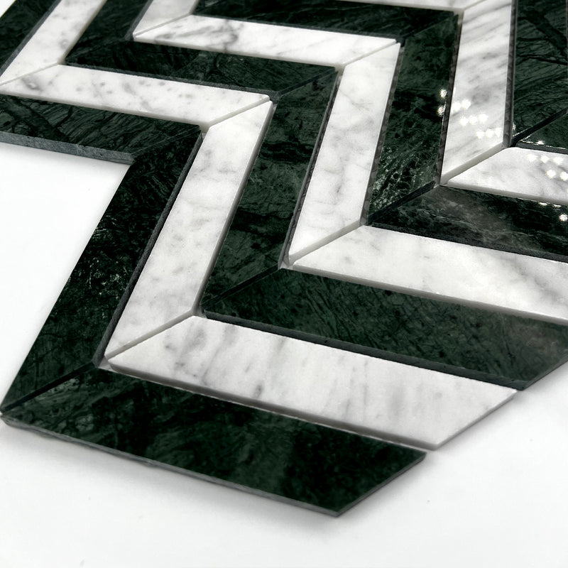 Chevron Marble Mosaic Indian Green Carrara White LG02 Polished