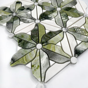 Flower Marble Mosaic Green White LG24 Polished